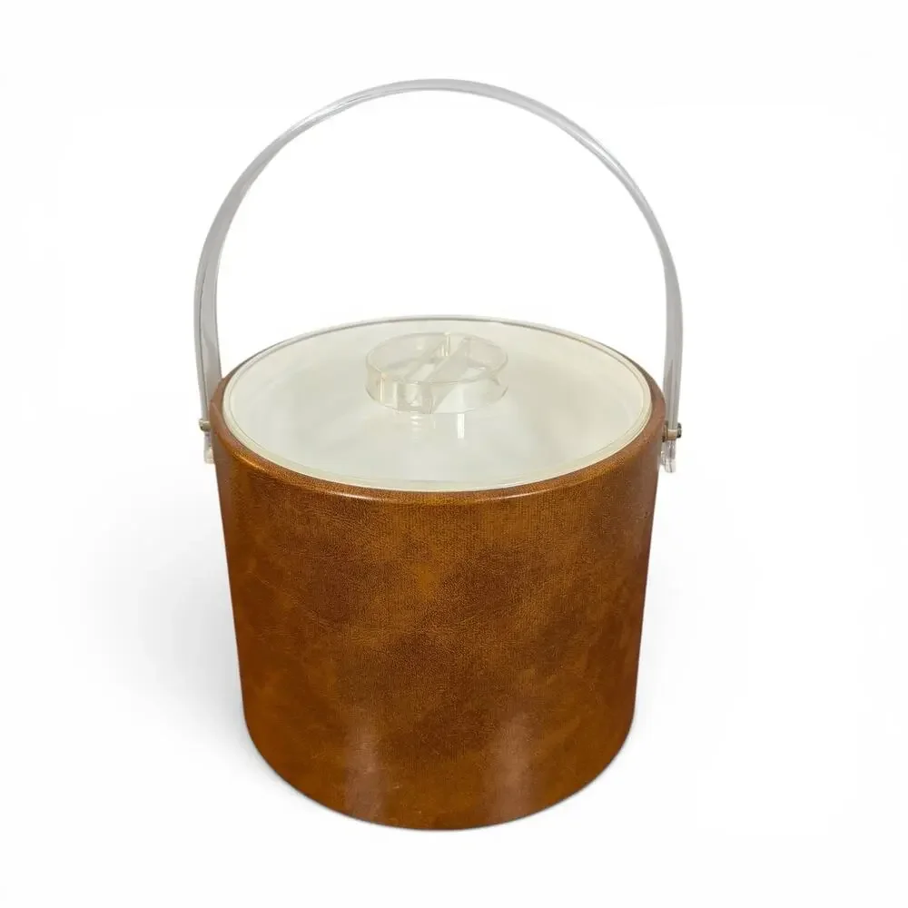 Georges Briard VTG Brown Faux Leather White Lined Ice Bucket Plastic Handle READ